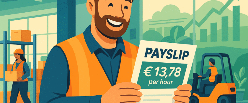 Afbeelding van een medewerker die zijn salarisstrook bekijkt met de verhoging van het minimumloon per 1 juli 2025.