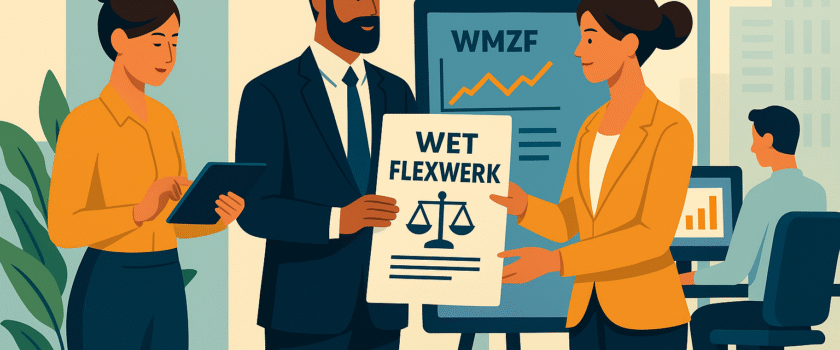Afbeelding van een persoon die een papier vasthoudt waarop staat "Wet Flexwerk". Deze overhandigt hij aan een andere persoon.